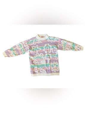 Vintage 80s Spunky Pastel Floral Sweater Metallic Knit Made in USA
